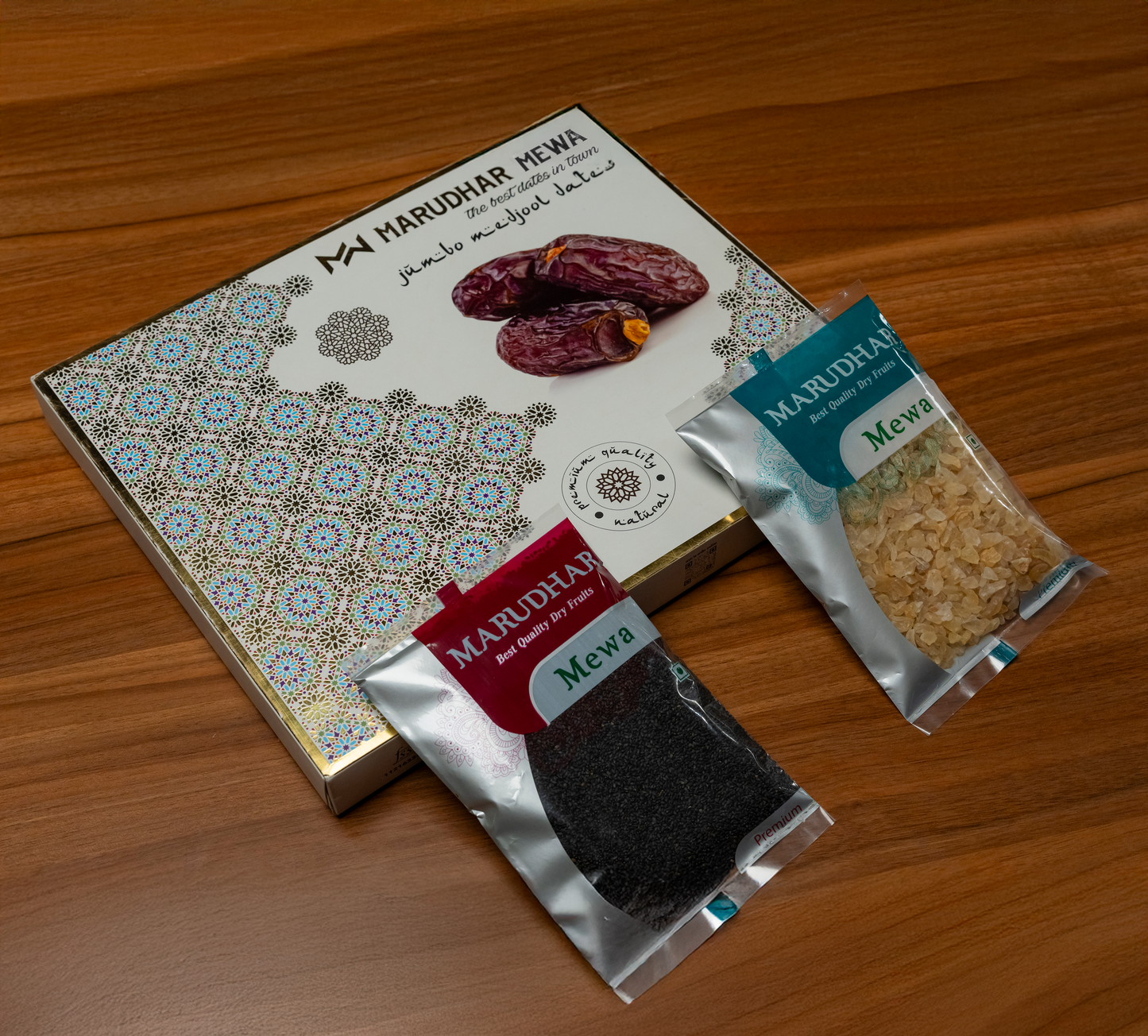 Exquisite Medjool Dates – 20-Piece Gift Box + Free Basil Seeds & Katira Gum (200g each )